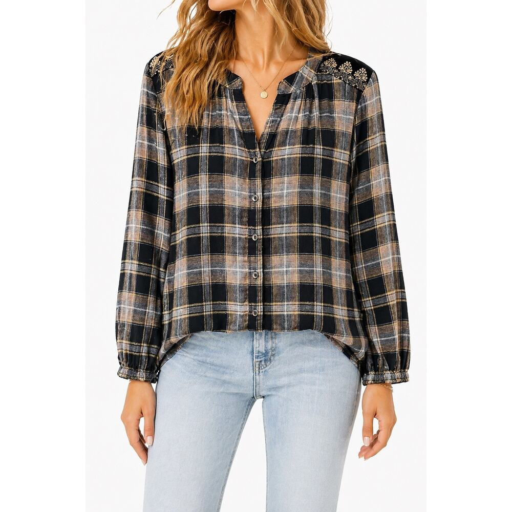 SUNDANCE Black Plaid Boho Blouse Top Cotton Velvet Peasant Shirt | Small